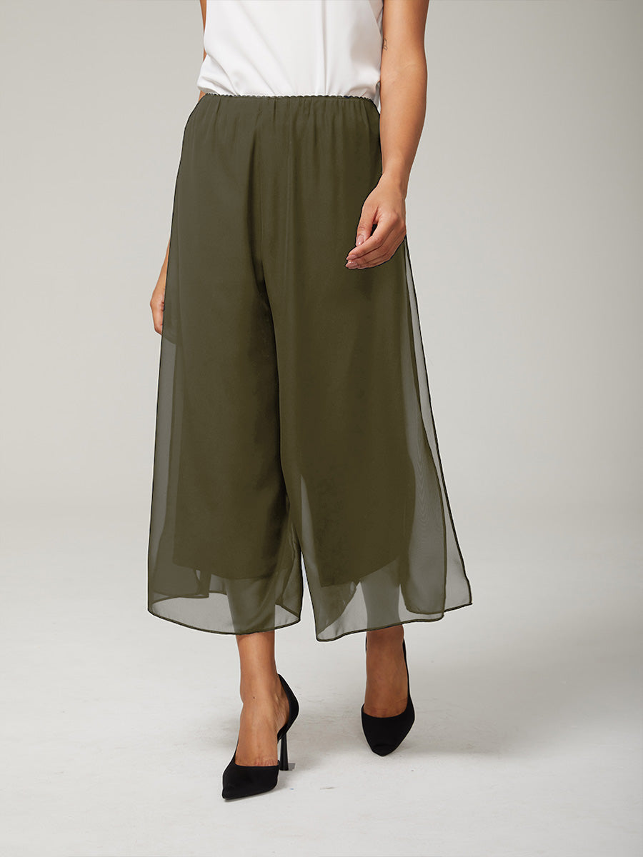 Cropped-Länge Hose mit geradem Bein und Chiffon-Überlagerung mit Beinschlitz