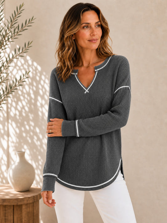 Cotton Waffle V-Neck Blouse