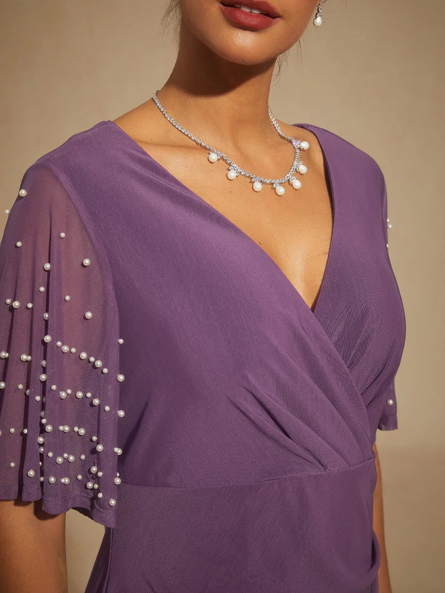 Elegant Formal Dress with Embellished Flutter Sleeves