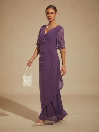 Elegant Formal Dress with Embellished Flutter Sleeves