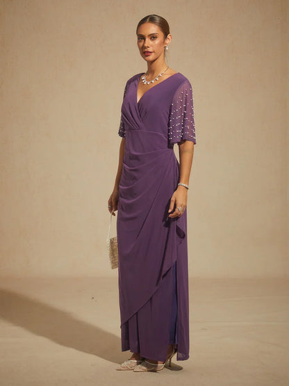 Elegant Formal Dress with Embellished Flutter Sleeves