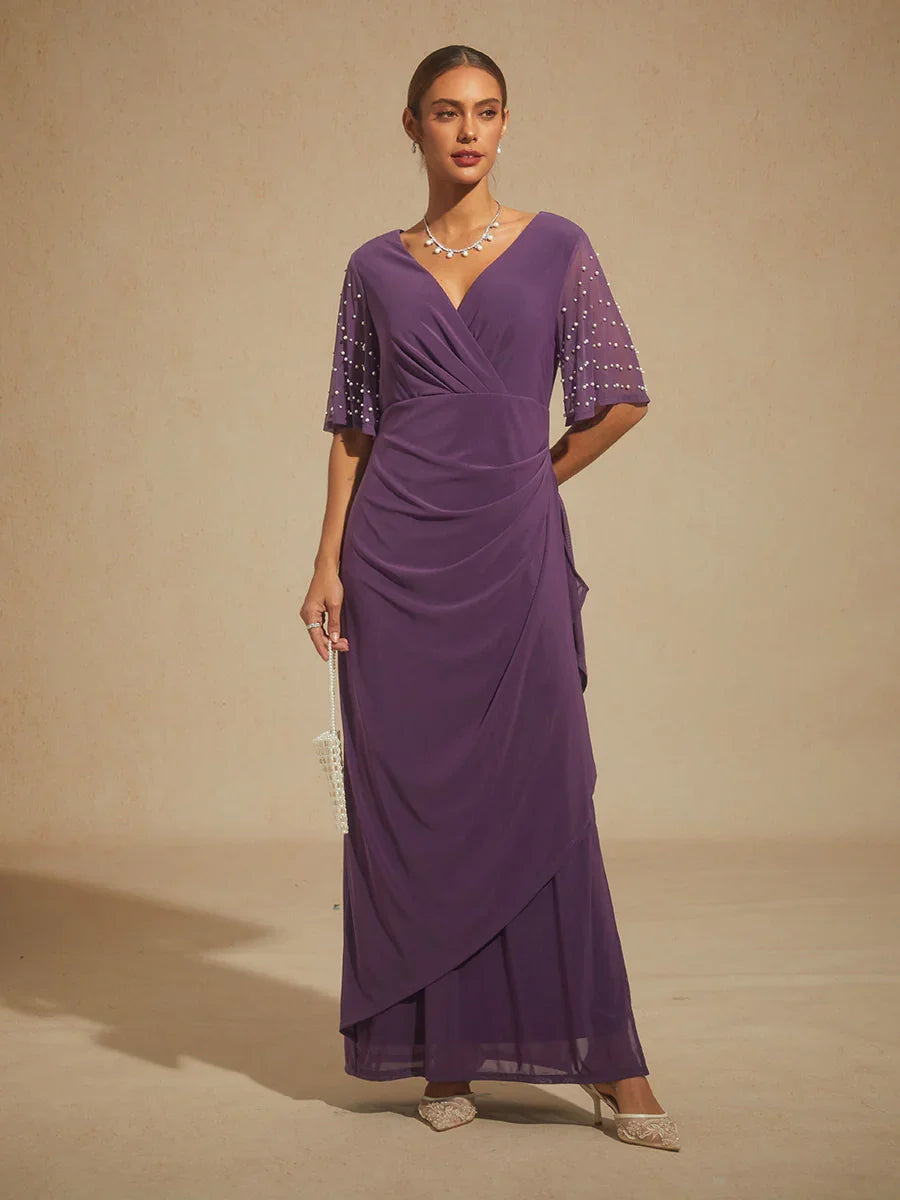 Elegant Formal Dress with Embellished Flutter Sleeves