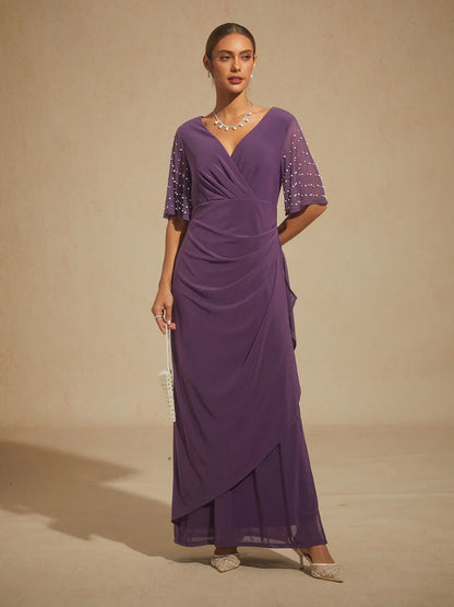 Elegant Formal Dress with Embellished Flutter Sleeves