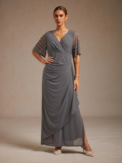 Elegant Formal Dress with Embellished Flutter Sleeves