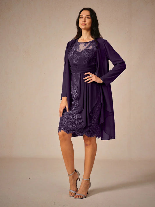 Elegant Knee-Length Lace Dress With Sheer Chiffon Jacket