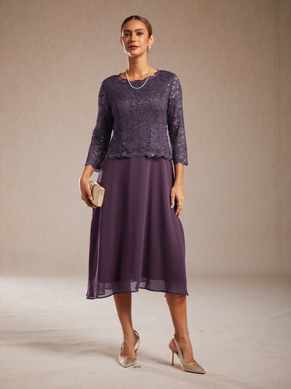 Elegant Lace and Chiffon Tea-Length Dress