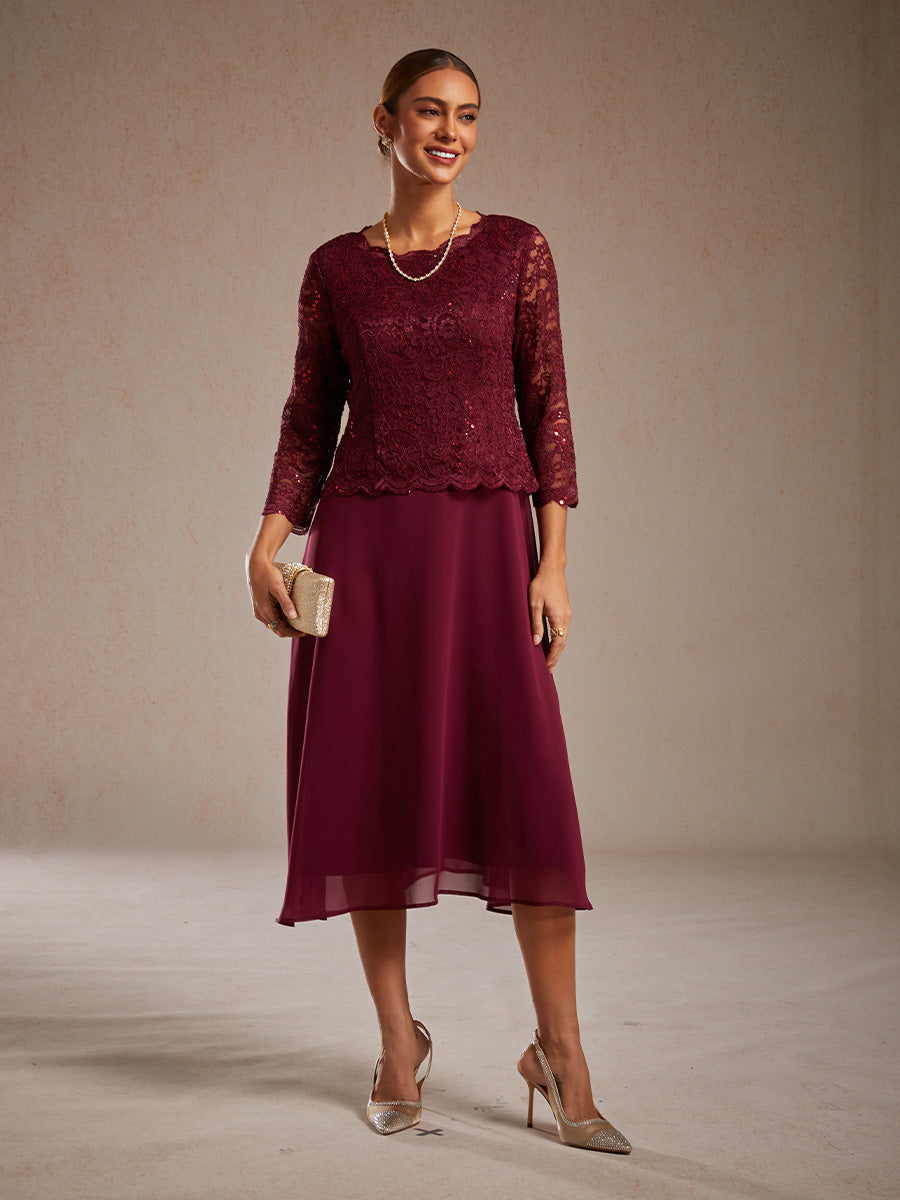 Elegant Lace and Chiffon Tea-Length Dress