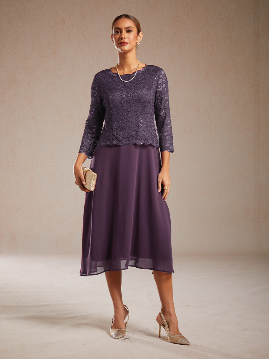 Elegantes Spitzen- und Chiffonkleid in Tea-Länge