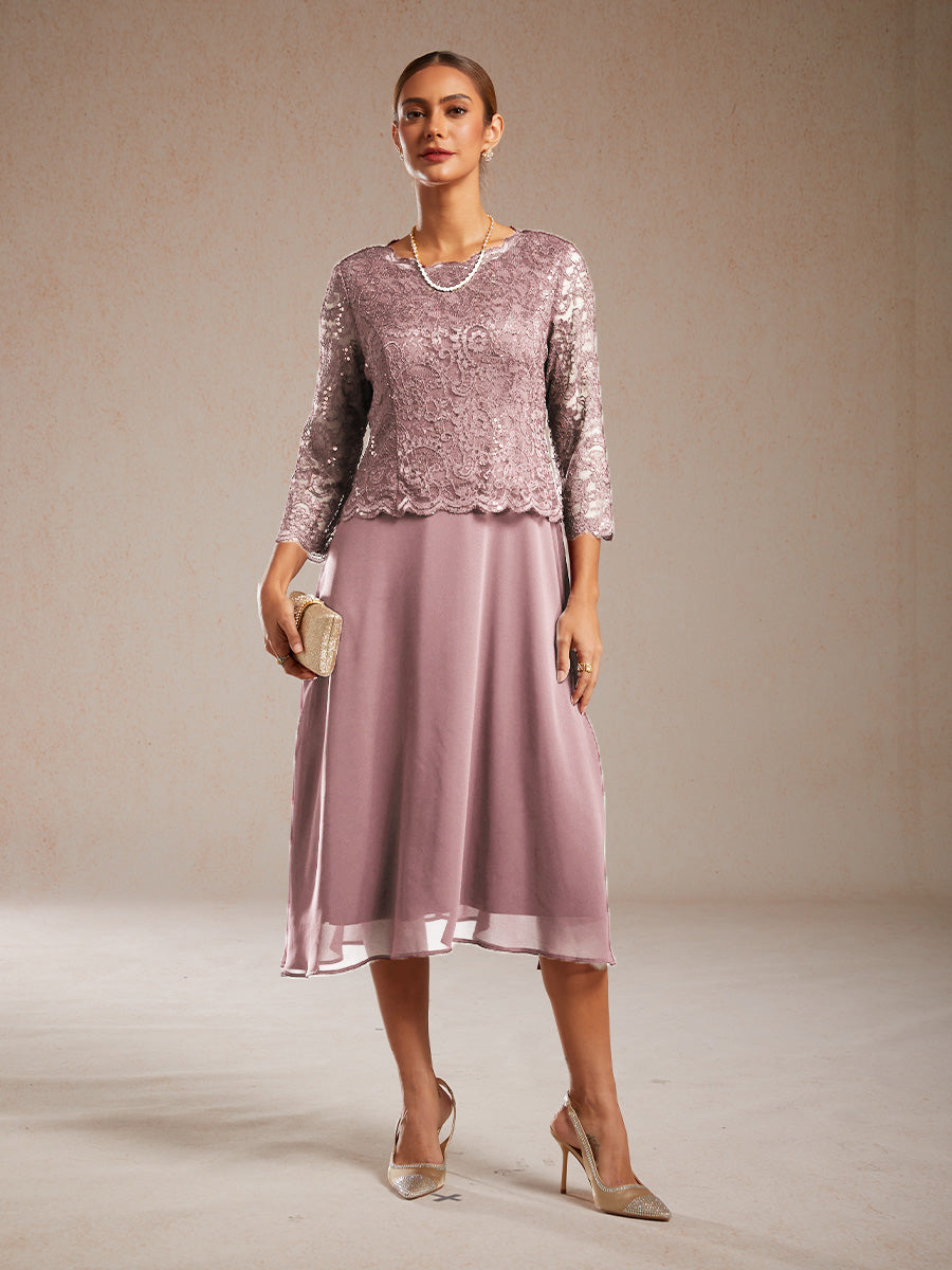 Elegantes Spitzen- und Chiffonkleid in Tea-Länge