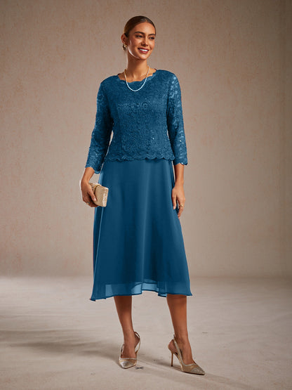 Elegantes Spitzen- und Chiffonkleid in Tea-Länge