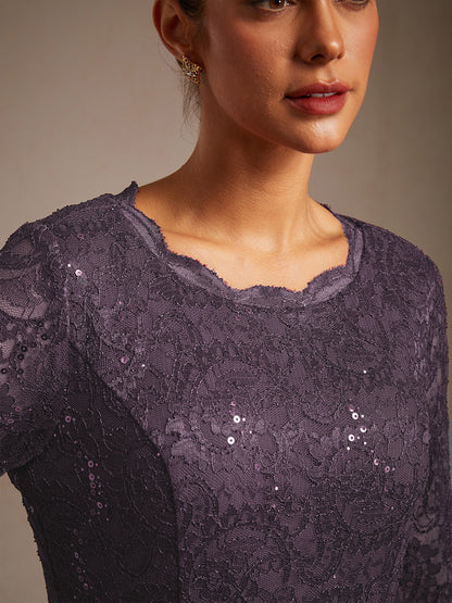 Elegant Lace and Chiffon Tea-Length Dress