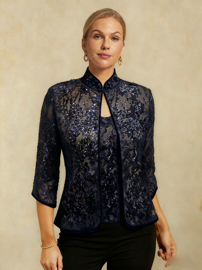 Floral Mandarin Collar Sequin Twinset