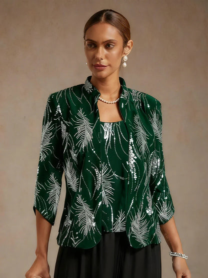 Elegant Mandarin Collar Sequin Twinset