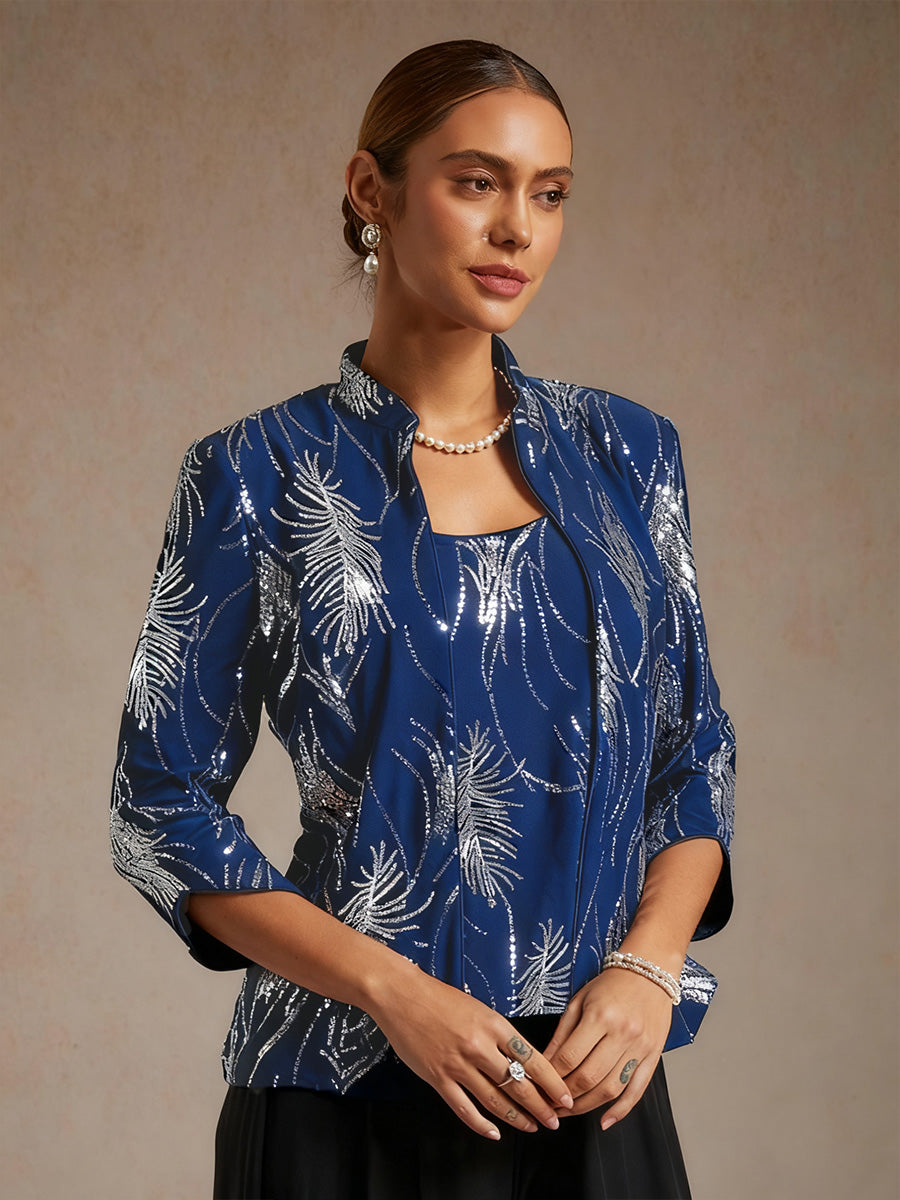 Elegant Mandarin Collar Sequin Twinset