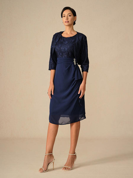 Elegant Navy Knee-Length Dress Set with Bolero Jacket