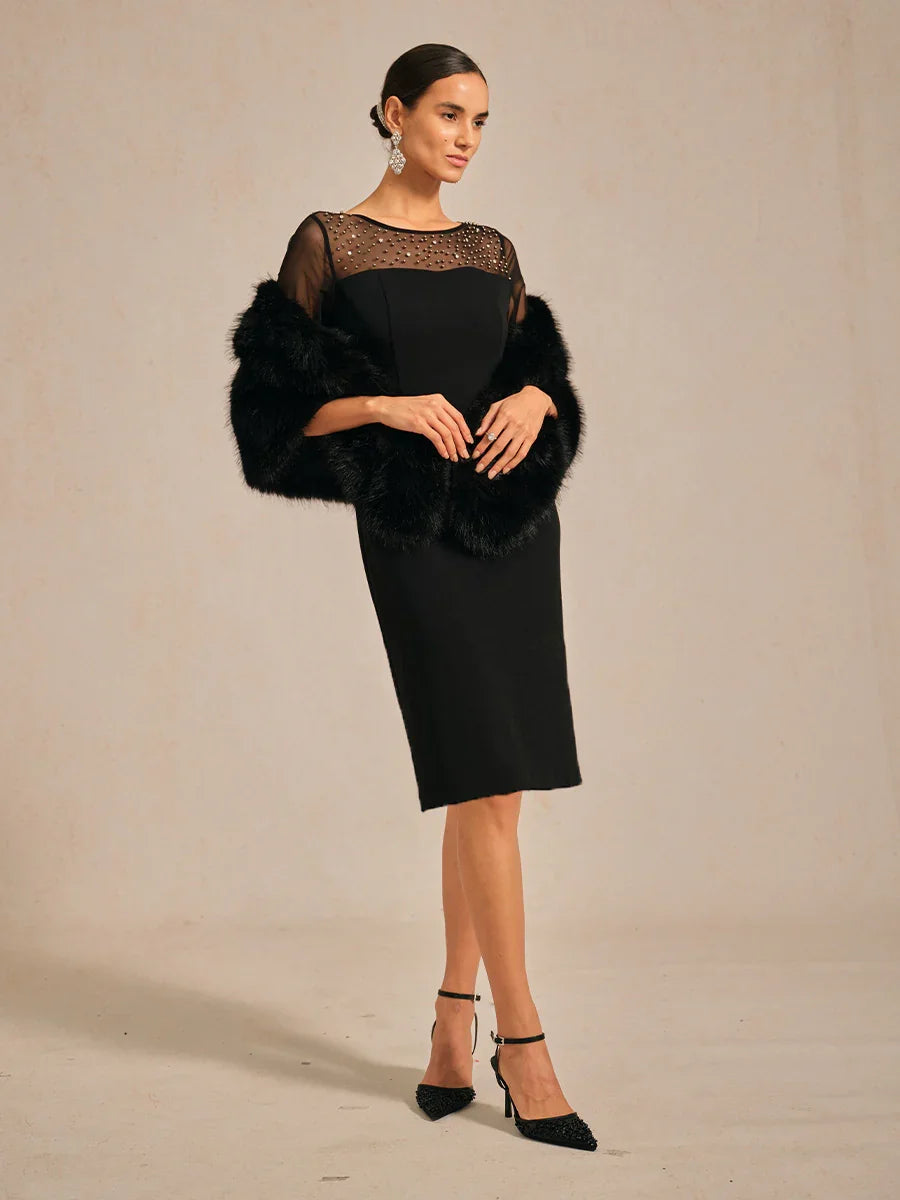 Elegantes Etui-Cocktailkleid mit verziertem Illusion-Netz-Ausschnitt