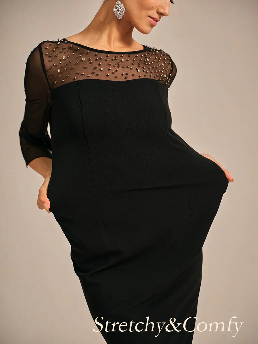 Elegantes Etui-Cocktailkleid mit verziertem Illusion-Netz-Ausschnitt