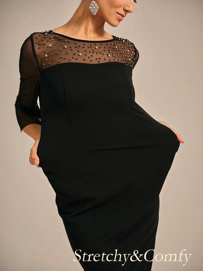 Elegantes Etui-Cocktailkleid mit verziertem Illusion-Netz-Ausschnitt