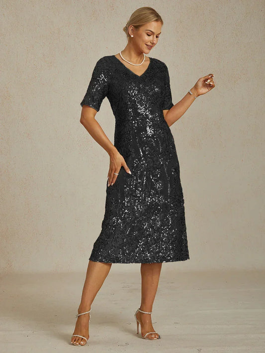 Elegantes Paillettenkleid mit V-Ausschnitt und kalten Schultern