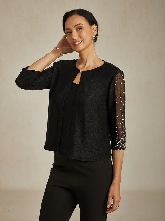 Elegante 3/4-Arm Metallic-Strickbluse