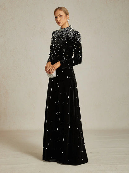 Embellished Velvet Evening Gown with Mock Neck