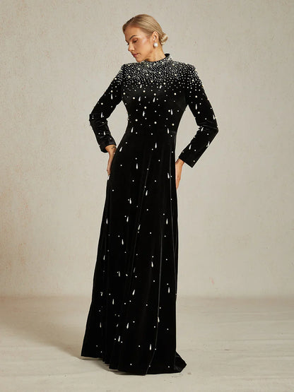 Embellished Velvet Evening Gown with Mock Neck