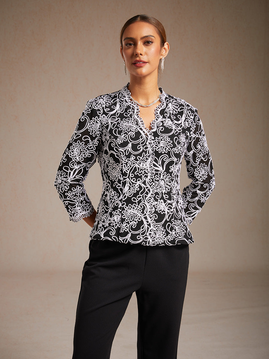 Floral Embroidered V-Neck Blouse