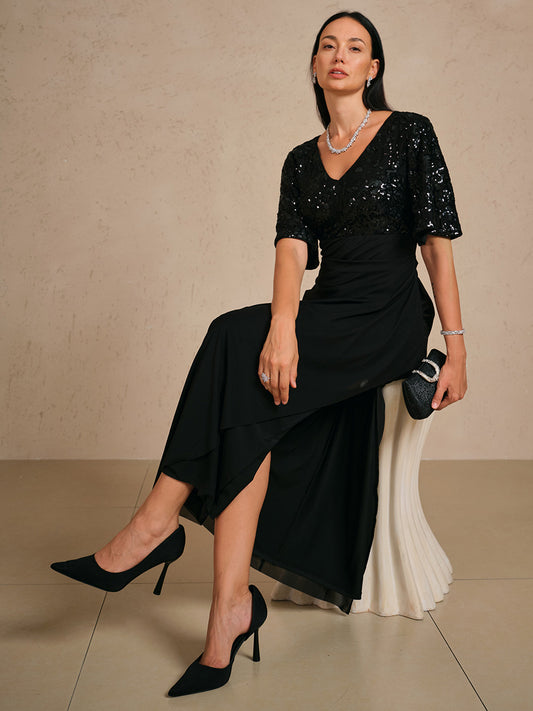Embroidered Sequin Empire Waist Gown with Flutter Sleeves