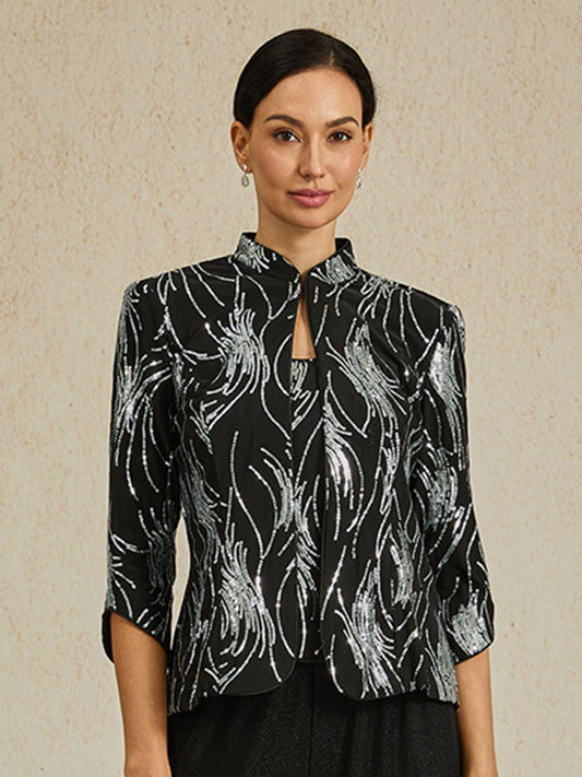 Elegant Mandarin Collar Sequin Twinset