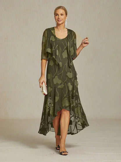 Navy Floral Chiffon Evening Gown with Asymmetrical Hem