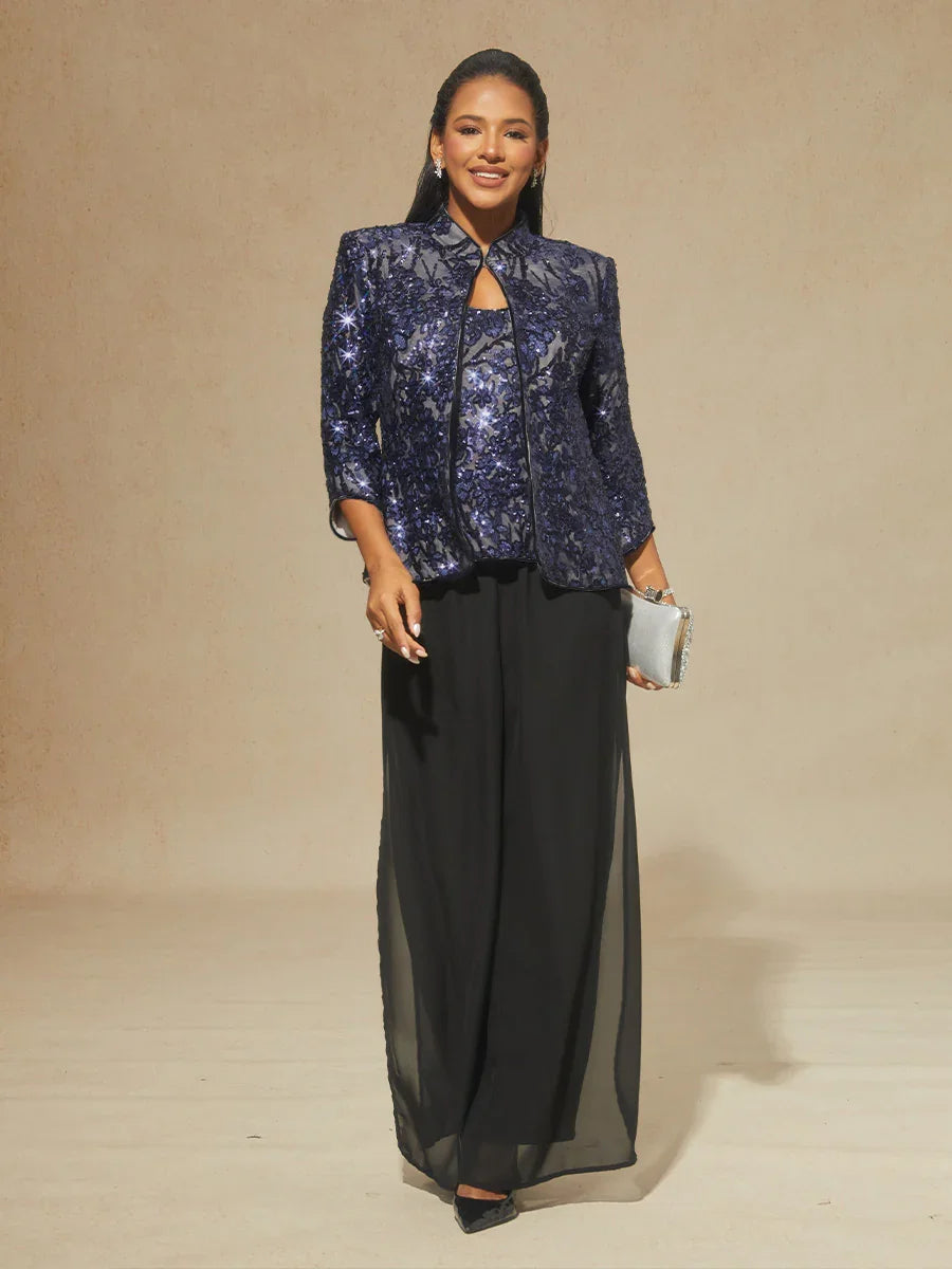 Floral Mandarin Collar Sequin Twinset