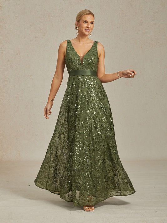 Floral Sequin Embroidered V-Neck Maxi Dress with Low Back