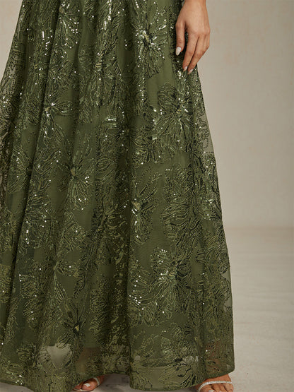 Floral Sequin Embroidered V-Neck Maxi Dress with Low Back