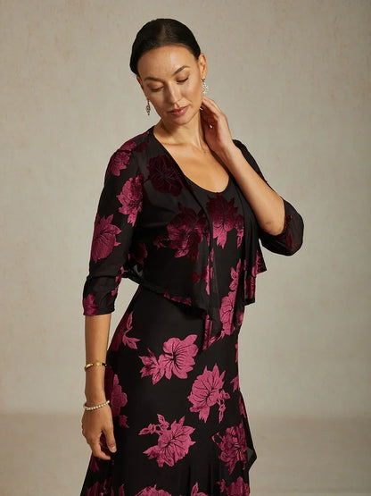 Cardigan aus transparentem Chiffon mit Blumenmuster und 3/4-Ärmeln