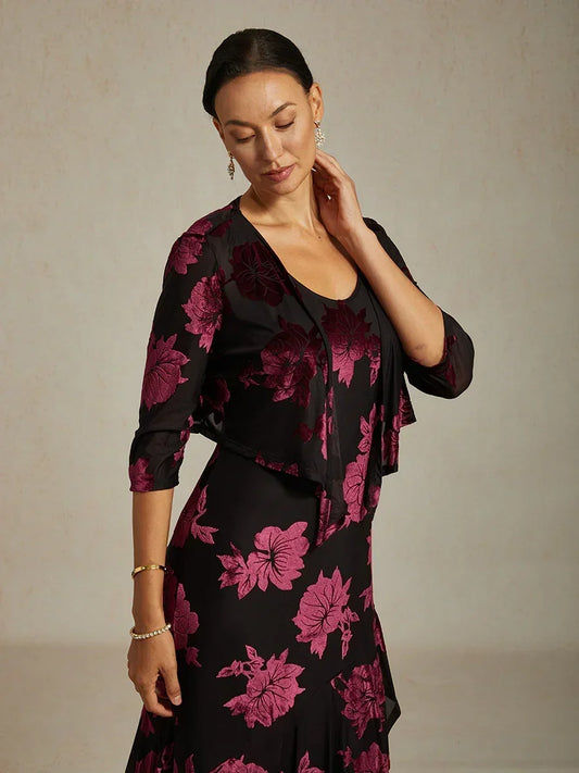 Cardigan aus transparentem Chiffon mit Blumenmuster und 3/4-Ärmeln