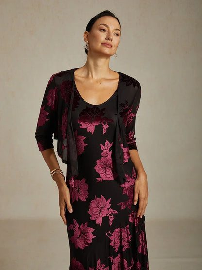 Cardigan aus transparentem Chiffon mit Blumenmuster und 3/4-Ärmeln