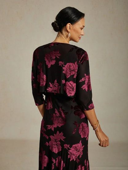 Cardigan aus transparentem Chiffon mit Blumenmuster und 3/4-Ärmeln