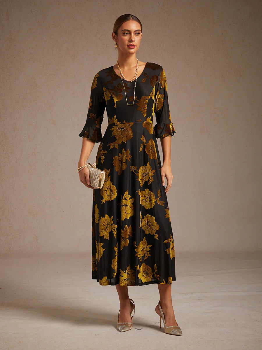 Floral Velvet A-Line Dress with Flutter Sleeves