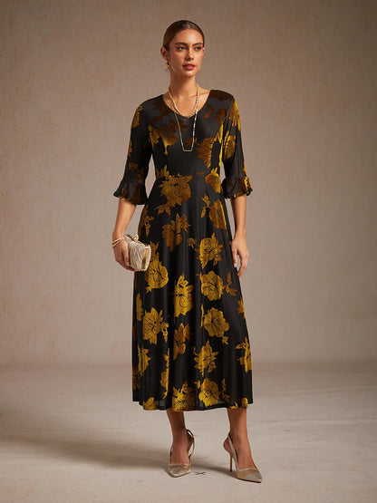 Floral Velvet A-Line Dress with Flutter Sleeves