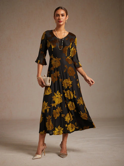 Floral Velvet A-Line Dress with Flutter Sleeves