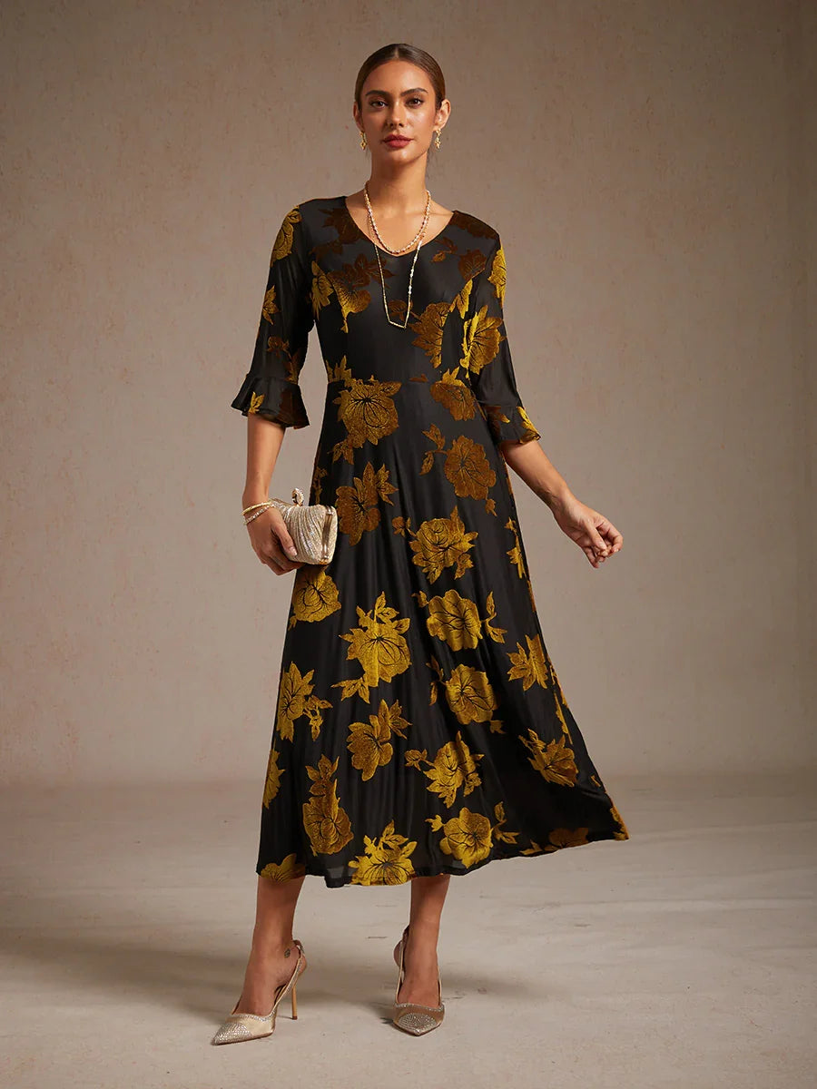 Floral Velvet A-Line Dress with Flutter Sleeves