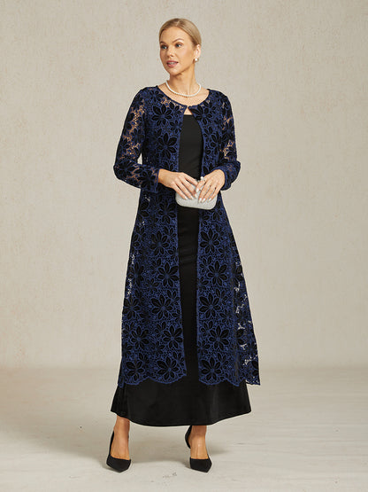 Floral Embroidered Velvet Long Jacket with Scallop Detail