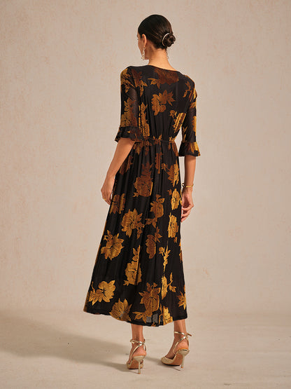 Floral Velvet A-Line Dress with Flutter Sleeves