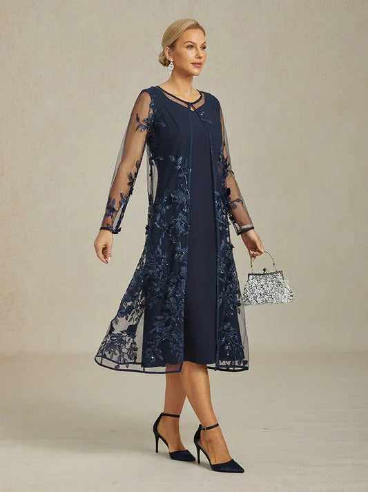 Graceful Long Lace Jacket Dress with 3D Floral Embellishments