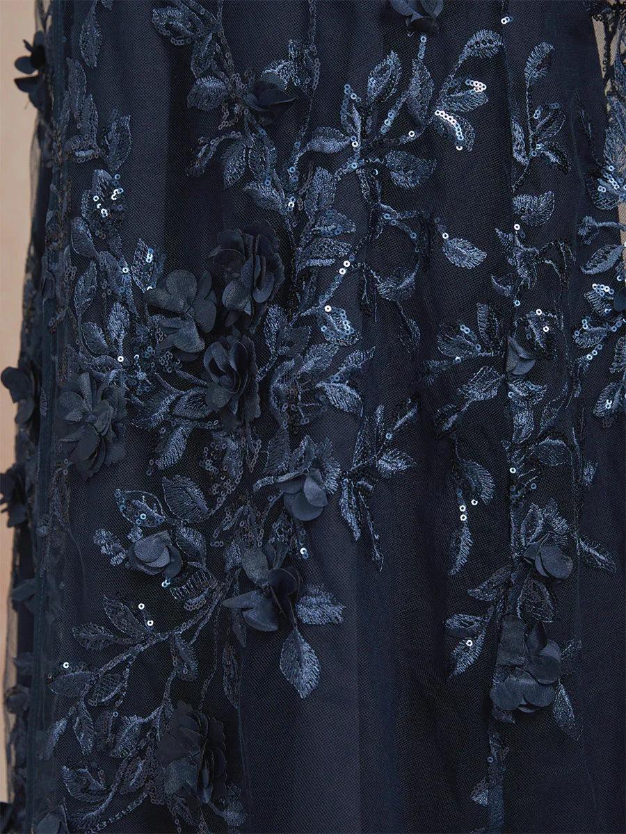 Graceful Long Lace Jacket Dress with 3D Floral Embellishments