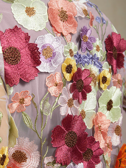 Graceful Mesh Lace Jacket with 3D Floral Embroidery