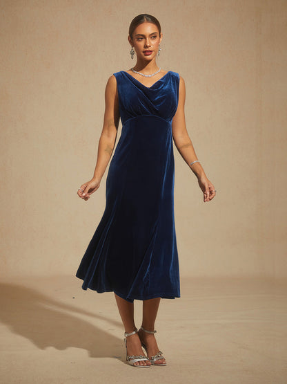 High-Stretch Velvet Sleeveless Midi Dress with Cowl Neck