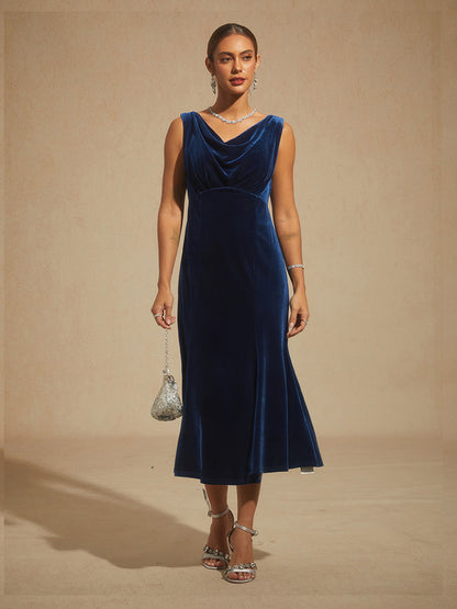 High-Stretch Velvet Sleeveless Midi Dress with Cowl Neck