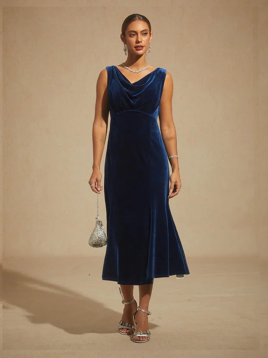 High-Stretch Velvet Sleeveless Midi Dress with Scoop Neck