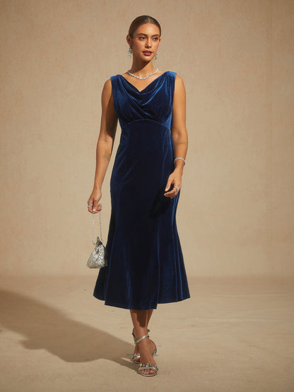 High-Stretch Velvet Sleeveless Midi Dress with Cowl Neck